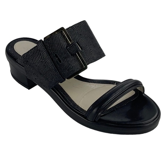 Jason Wu Shoes - JASON WU BUCKLED DOUBLE BAND TEXTURED BLACK LEATHER SLIP ON MULE SANDAL HEELS